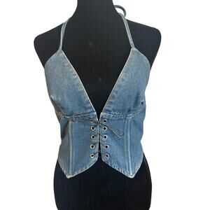 Windsor Denim Halter Lace-Up Corset Top Biker Western Y2K